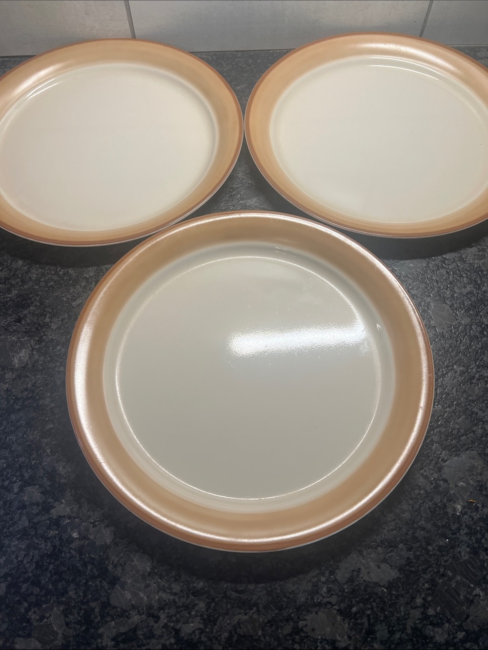 CORELLE SANDSCAPE VINTAGE Cream Dinner Plates with Tan Rim - Set of 3